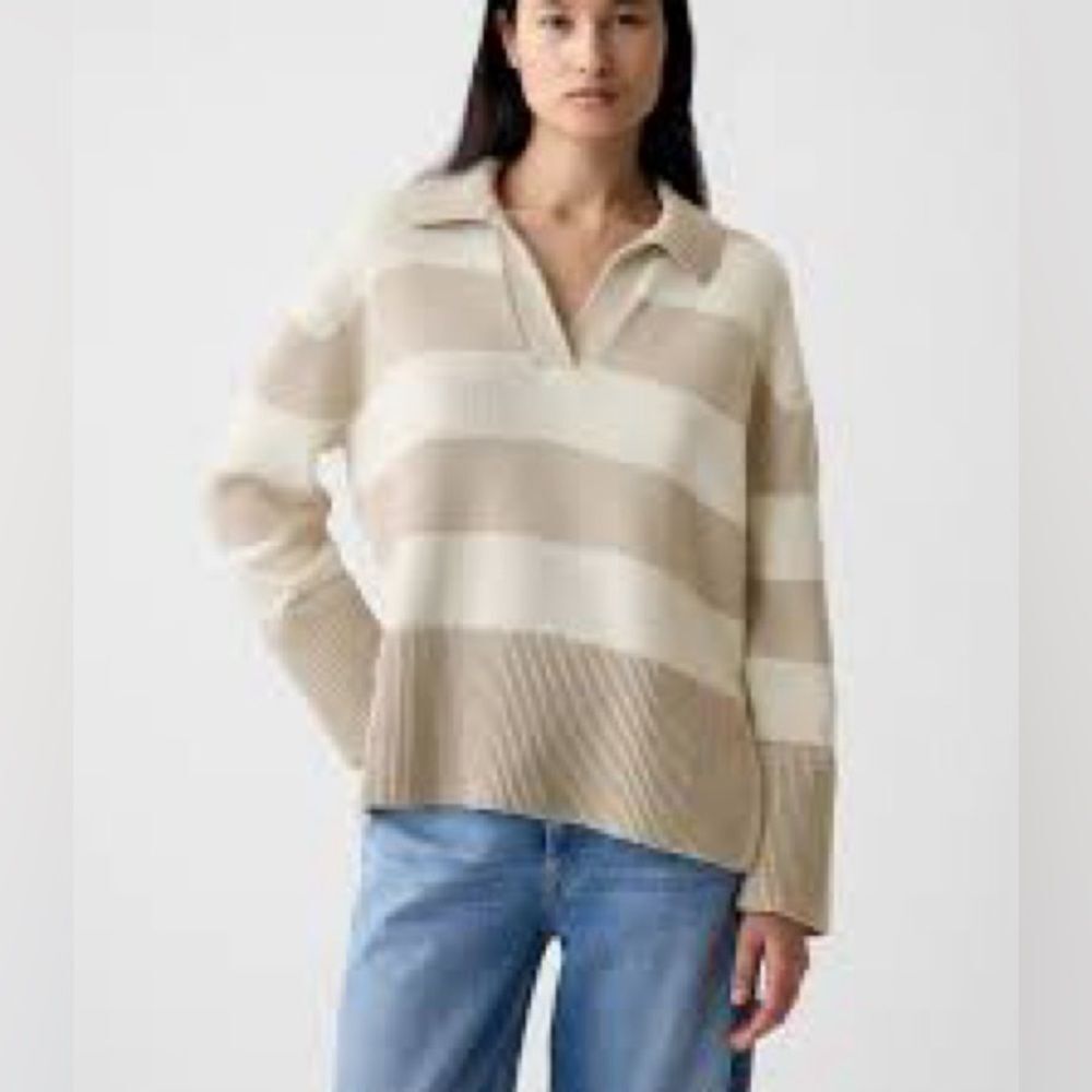 GAP 24/7 Split Hem Knit Polo Sweater Size‎ Small in Cream Rugby Stripe NEW